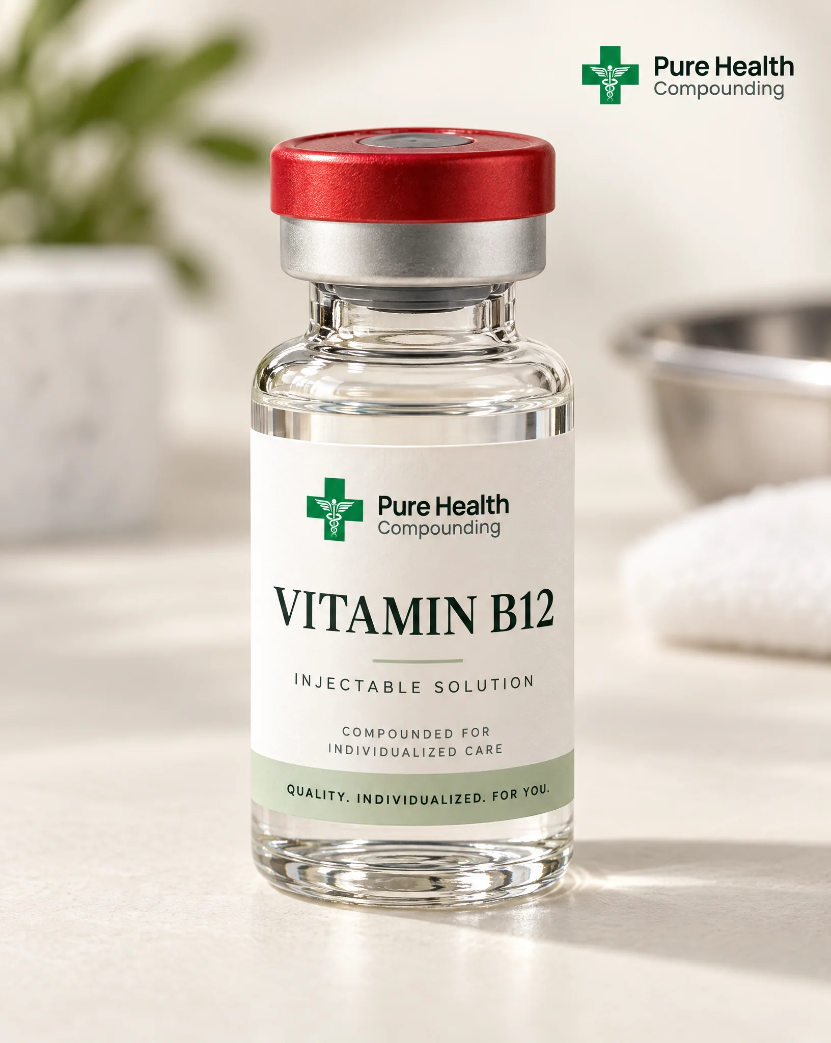 A glass vial with a PureHealth Compounding label reading B12 Injection, photographed on a light surface