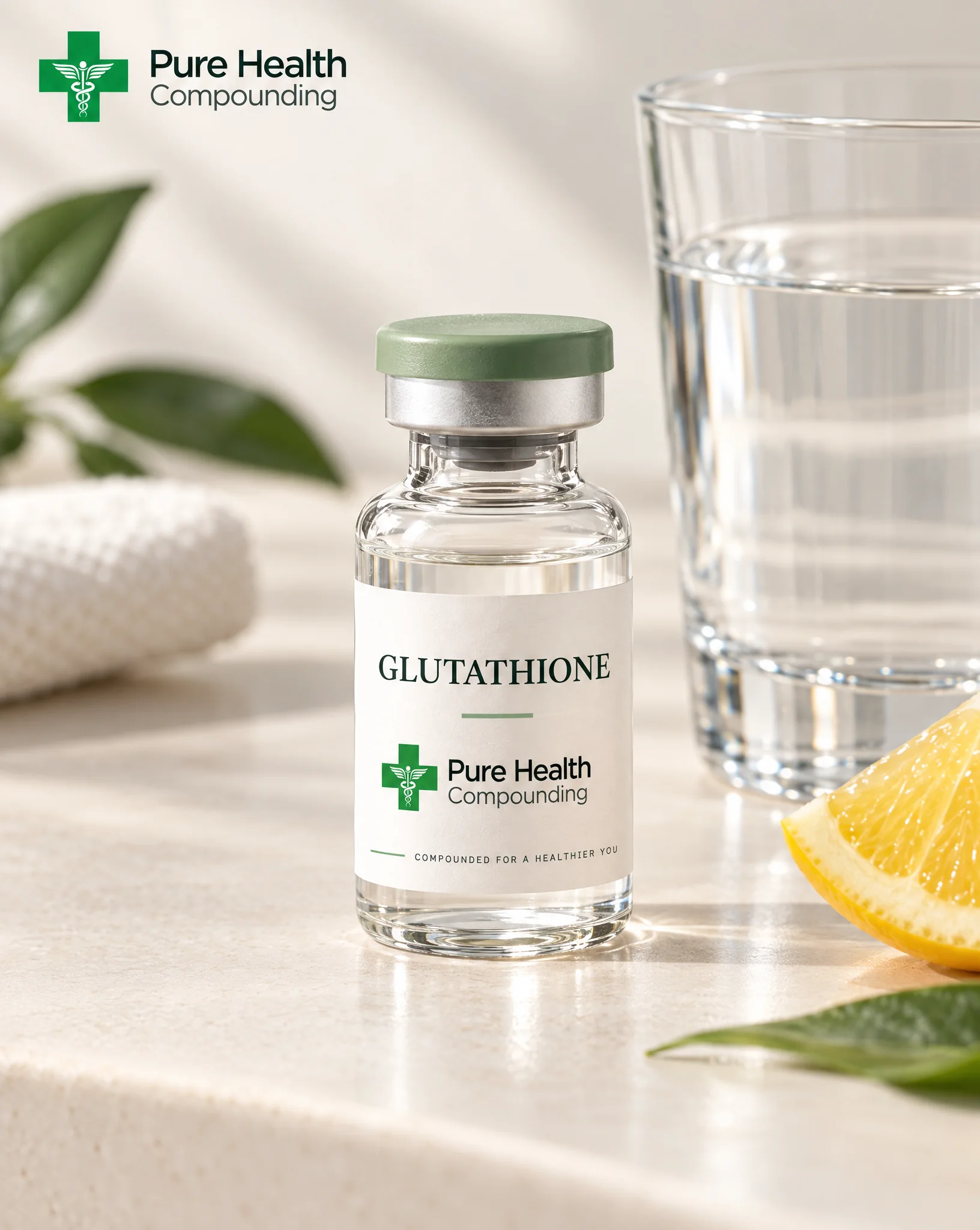 A glass vial with a PureHealth Compounding label reading Glutathione, photographed on a light surface