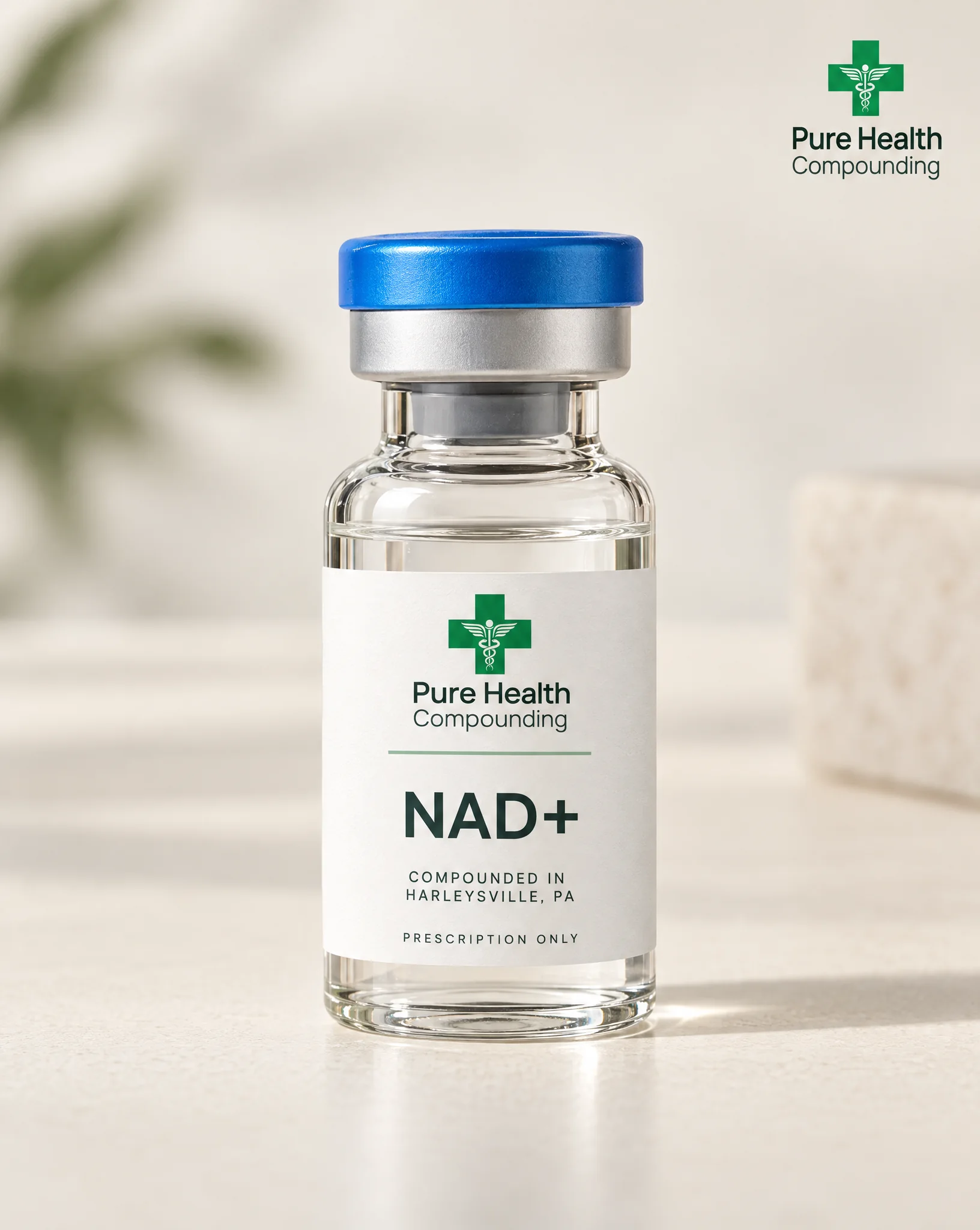 A glass vial with a Pure Health Compounding label reading NAD+, photographed on a light surface