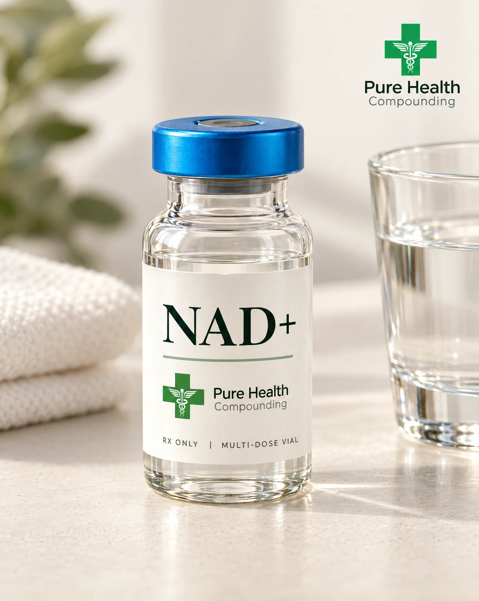 Alternate view: A glass vial with a Pure Health Compounding label reading NAD+, photographed on a light surface