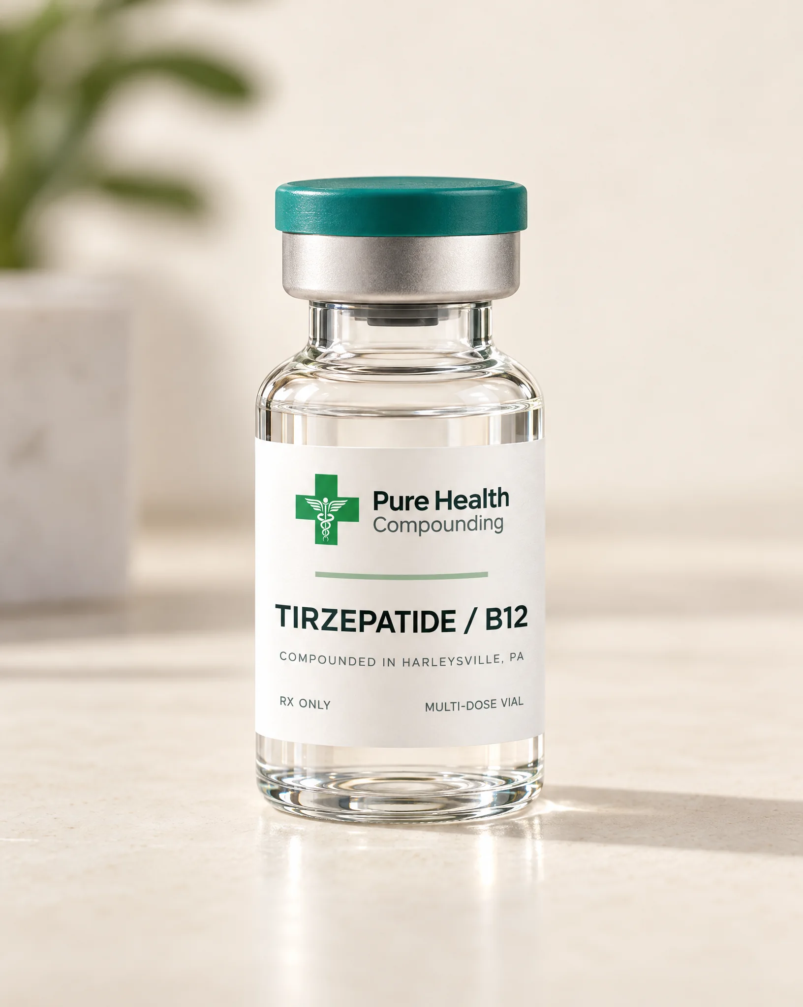 A glass vial with a PureHealth Compounding label reading Tirzepatide / B12, photographed on a light surface