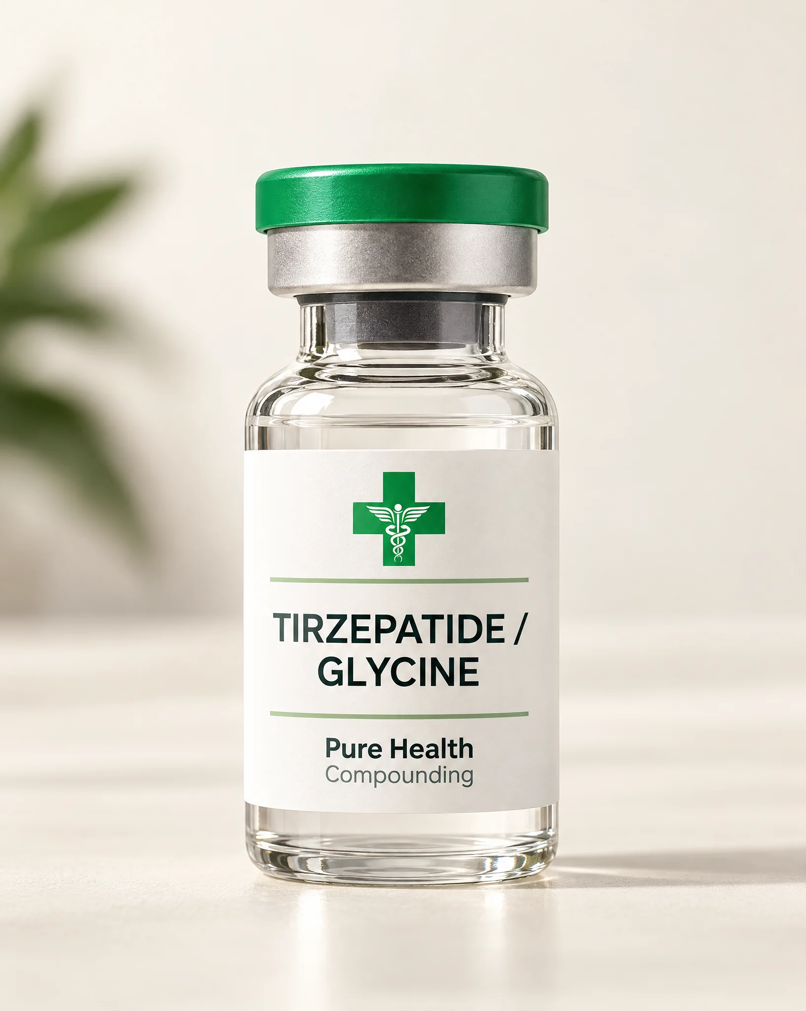 A glass vial with a PureHealth Compounding label reading Tirzepatide / Glycine, photographed on a light surface